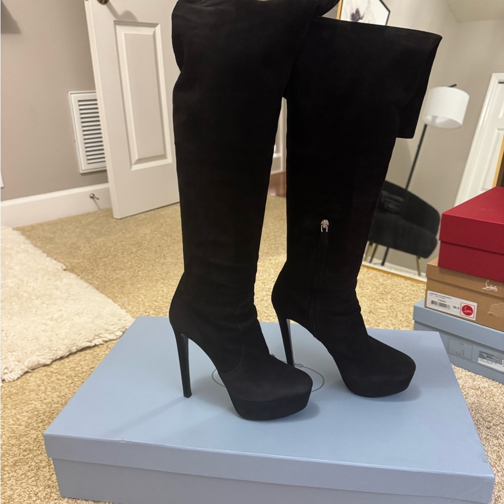 Authentic Prada Black Suede Heeled Over-the-Knee Boots